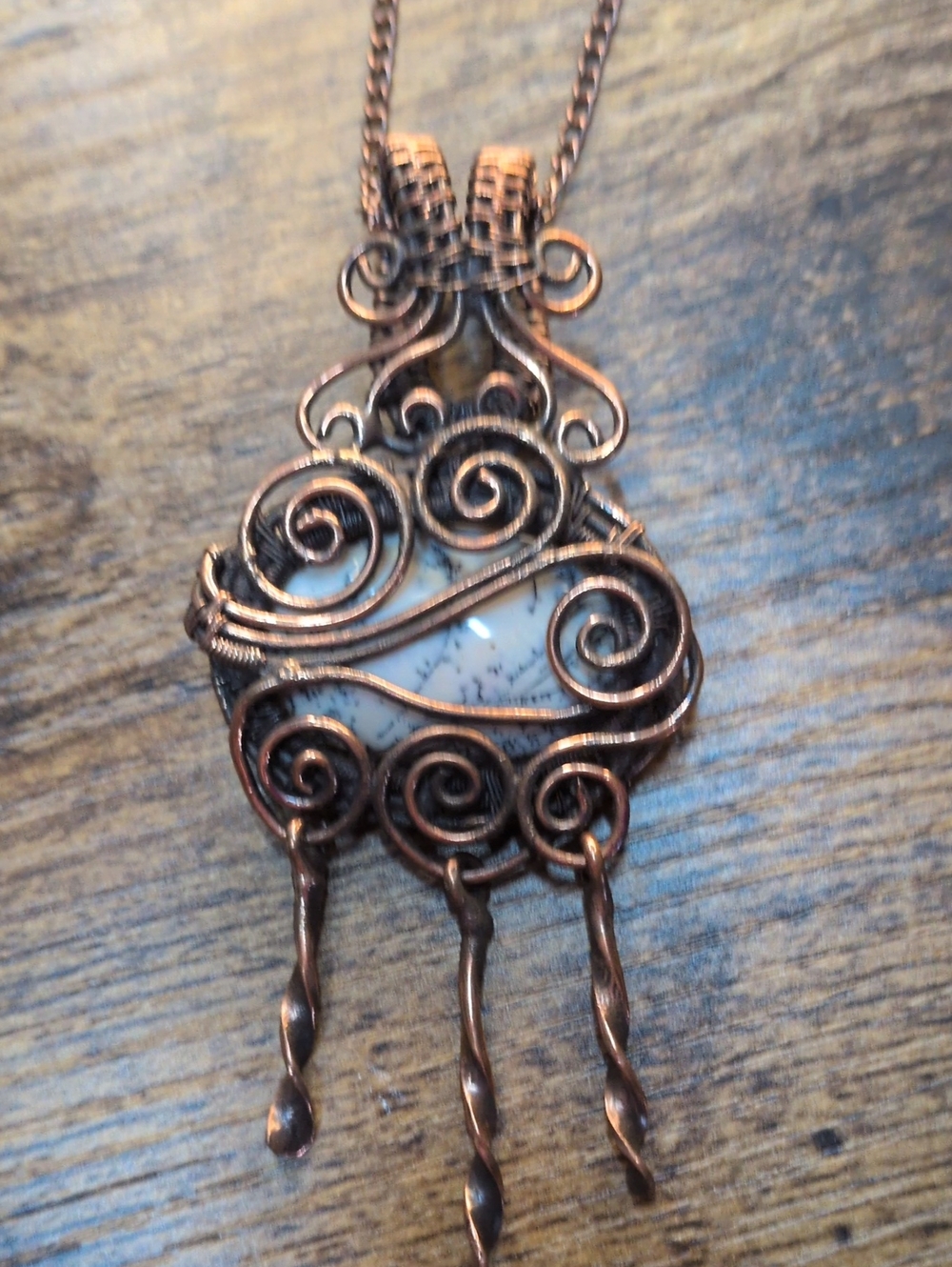 Handcrafted Copper Wire-Wrapped White Dendritic Agate Pendant Necklace